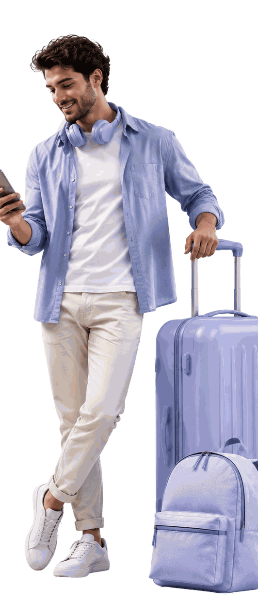 Voyageur souriant avec une valise et un sac à dos, consultant son téléphone